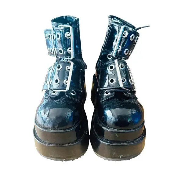 Demonia Black Platform Boots Patent Leather Buckle Women’s Size 7 US BEAR 104 - Picture 3 of 10
